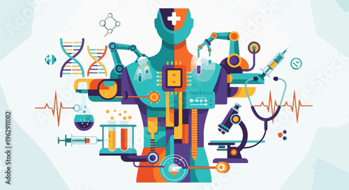 A medical illustration of a stylized cyborg in a laboratory