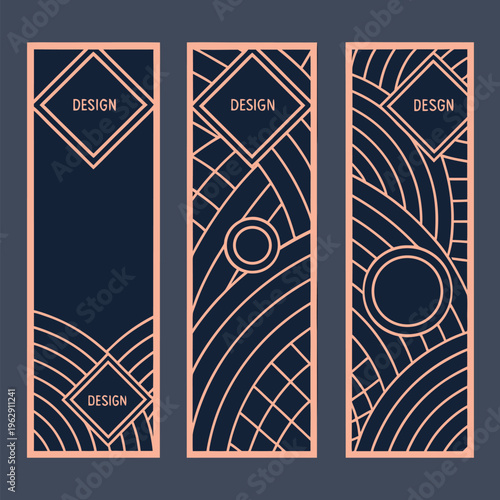Three stylish geometric patterned digital badges featuring intricate designs and modern aesthetic appeal