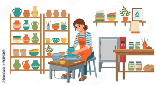 A woman practices pottery in a colorful and well equipped workshop space