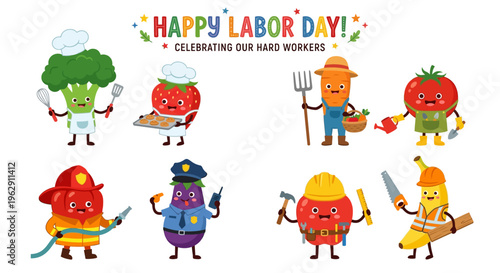 Happy labor day celebrating hard workers with cute vegetable and fruit characters