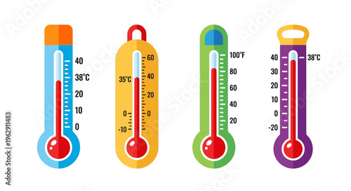 Four colorful thermometers displaying varying temperature readings in celsius and fahrenheit