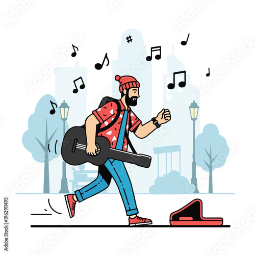 A musician with a guitar, walking in a city, with music notes floating around