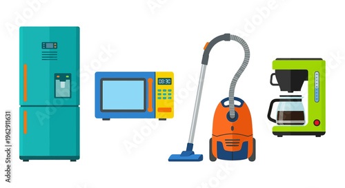 A colorful illustration depicting common household appliances in a linear style
