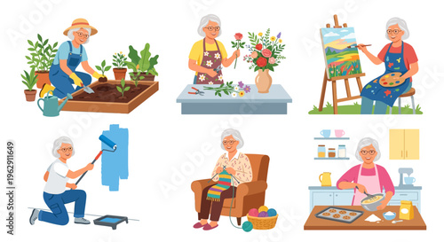 An elderly woman enjoying various hobbies including gardening painting and baking