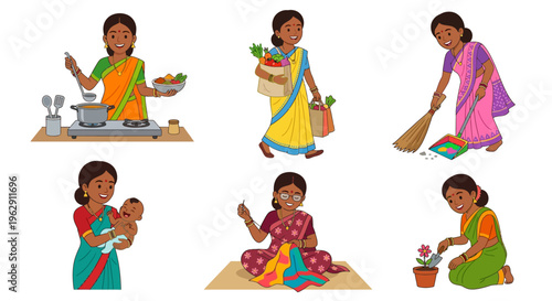 Diverse indian women illustrate various daily life roles and professions