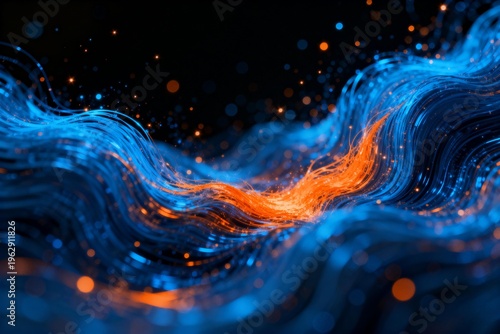 Abstract blue and orange wave patterns with particles