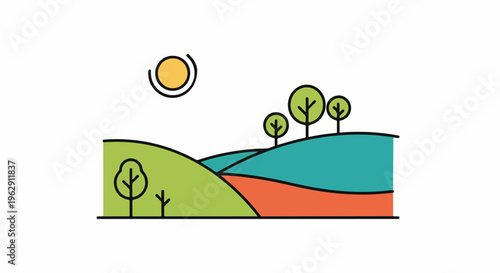 A colorful landscape with rolling hills, trees, and the sun