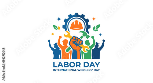 Labor day illustration featuring workers tools and a gear symbol
