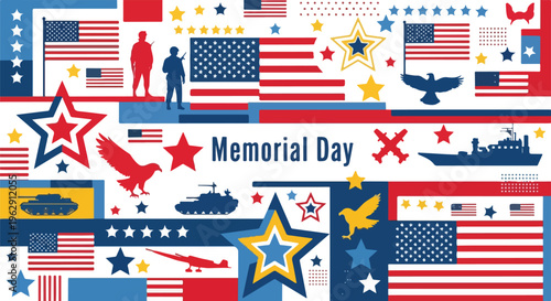 A patriotic graphic with flags, stars, soldiers, eagle, and military items