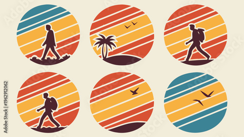 Six vibrant circular stickers featuring dynamic dancers against colorful sunset and sunrise backdrops