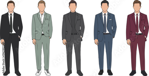 Flat vector illustration set of professional men wearing stylish modern business suits in various colors for corporate fashion design.