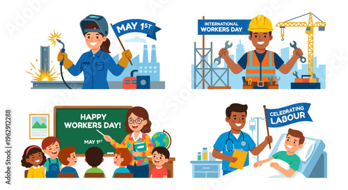 Celebrating may day diverse workers and professions in a colorful illustration