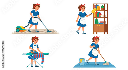 Cartoon illustration of a woman performing various household cleaning tasks