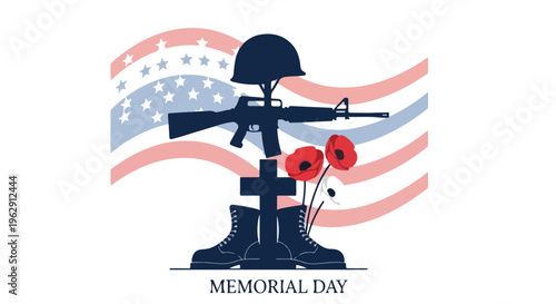 A patriotic graphic with military symbols and flowers honoring Memorial Day