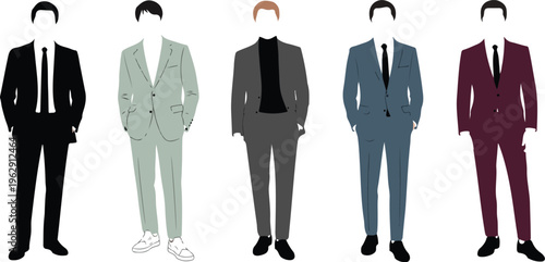 Flat vector illustration set of professional men wearing stylish modern business suits in various colors for corporate fashion design.