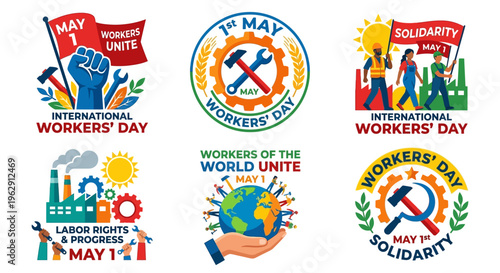 International workers day illustrations with flags symbols and global unity