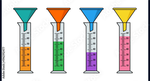 Four funnels pouring colored liquid into graduated cylinders