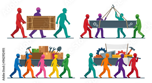 Teamwork and construction figures carrying materials and working together