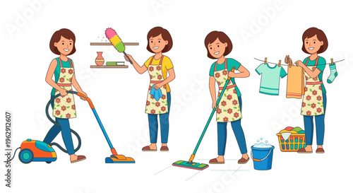 A series of women performing various household cleaning tasks indoors