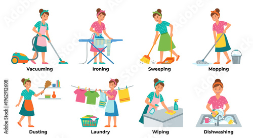Illustrations of women performing various household chores and cleaning tasks