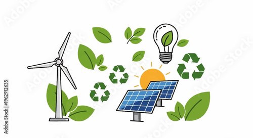 Eco friendly renewable energy sources solar panel wind turbine leaves recycling symbols sun light bulb green technology sustainable power generation