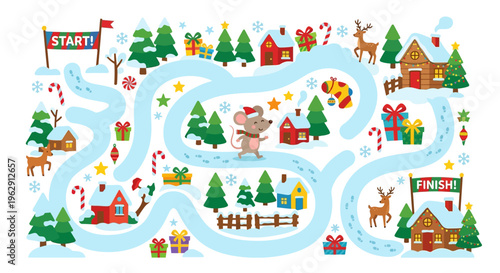 A festive christmas maze with a mouse finding its way to finish
