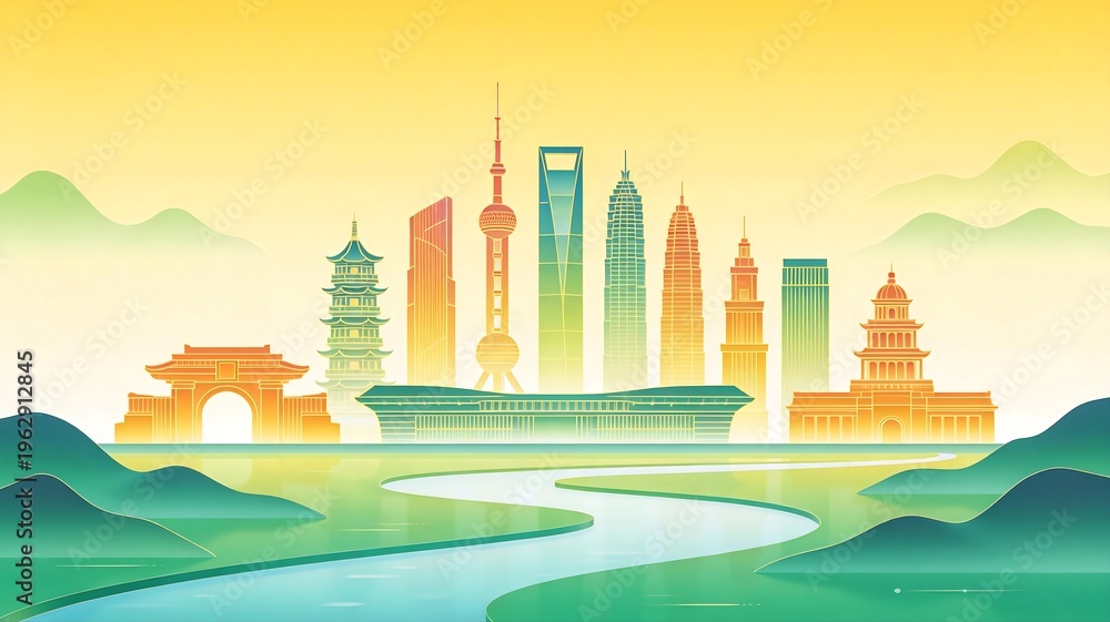 Obraz premium Beijing Shanghai Hangzhou Architectural Skyline Illustration