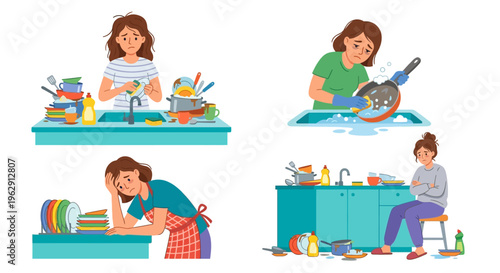 Overwhelmed women facing piles of dirty dishes and household chores