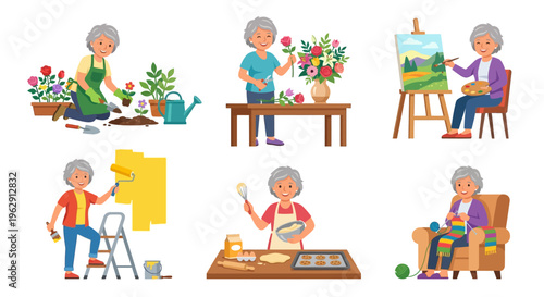 Elderly woman enjoying various hobbies including gardening painting and baking