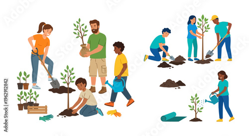 Diverse group of people collaboratively planting trees and nurturing nature