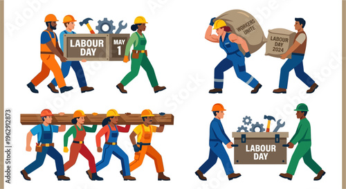 Diverse workers collaborate and celebrate labour day with tools and unity