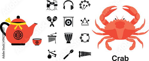 Flat vector illustration set featuring a red crab, traditional oriental teapot with cup, and black musical instrument icons isolated on white background.