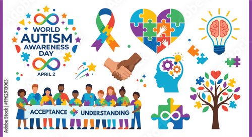 World autism awareness day illustration with puzzle pieces and supportive figures