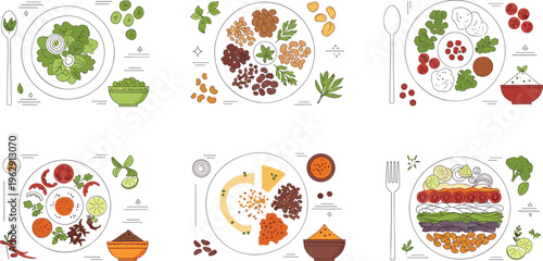 Healthy balanced meals collection flat vector illustration nutritious plates with vegetables grains legumes and plant based food dishes set