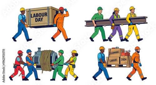 Diverse construction workers collaborate on various labor tasks and heavy lifting