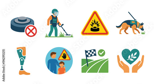 Landmine awareness and support for victims safety and rehabilitation icons