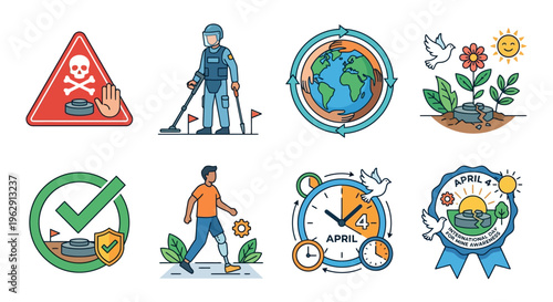 Illustrations depicting peace safety landmines and international awareness