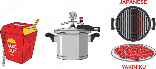 Flat vector illustration set featuring a red take out food box, stainless steel pressure cooker, and Japanese yakiniku barbecue grill with raw meat slices.