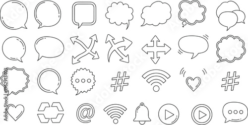 Collection of various hand drawn speech bubbles and icons for digital communication