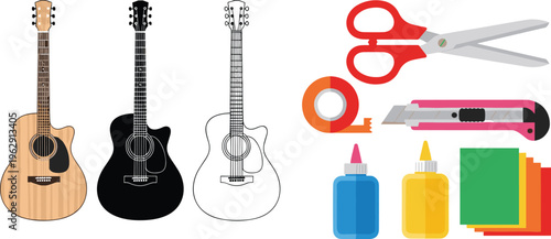 Flat vector illustration set featuring acoustic guitars in different styles alongside school craft supplies including scissors, glue, paper, and utility knife.
