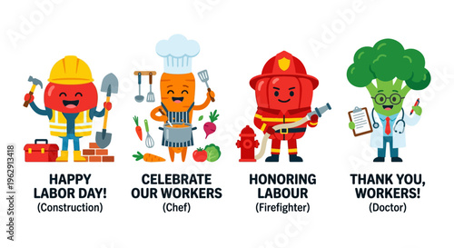 Happy labor day celebrating construction culinary firefighting and medical workers