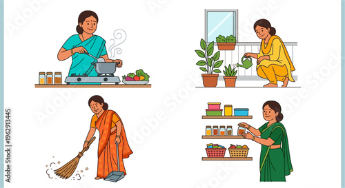Indian women performing various household chores in a colorful illustration