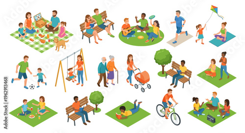 Diverse group enjoying a sunny day in the park with various activities