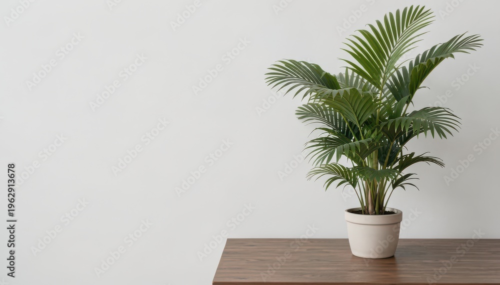 Fototapeta premium Potted Palm Plant on Wooden Table Against White Wall