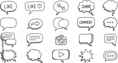 Collection of hand drawn speech bubbles and social media icons for communication