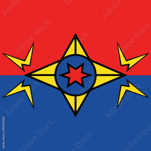 A geometric composition with star motif and lightning bolts