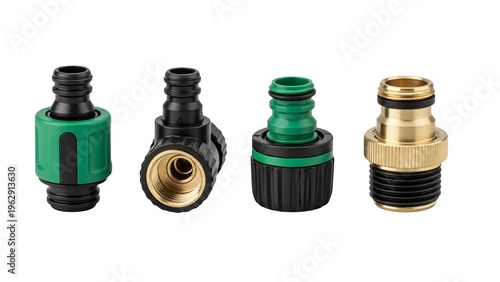 Four different types of hose connectors on transparent background