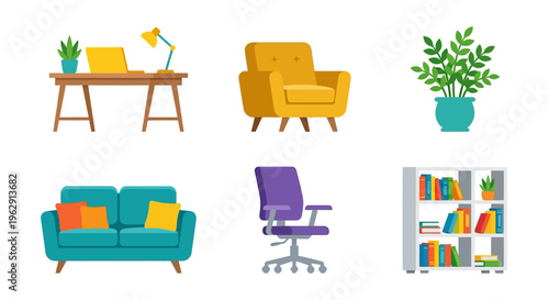 Colorful furniture set including sofas chairs desk and indoor plants