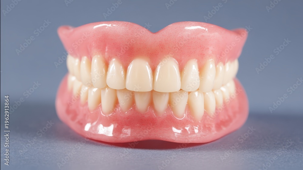 Obraz premium Full Set Artificial Dentures Upper Lower Teeth Dental Prosthetics Clinical Photography