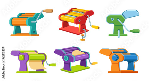 Colorful cartoon illustration of various pasta makers and noodle machines